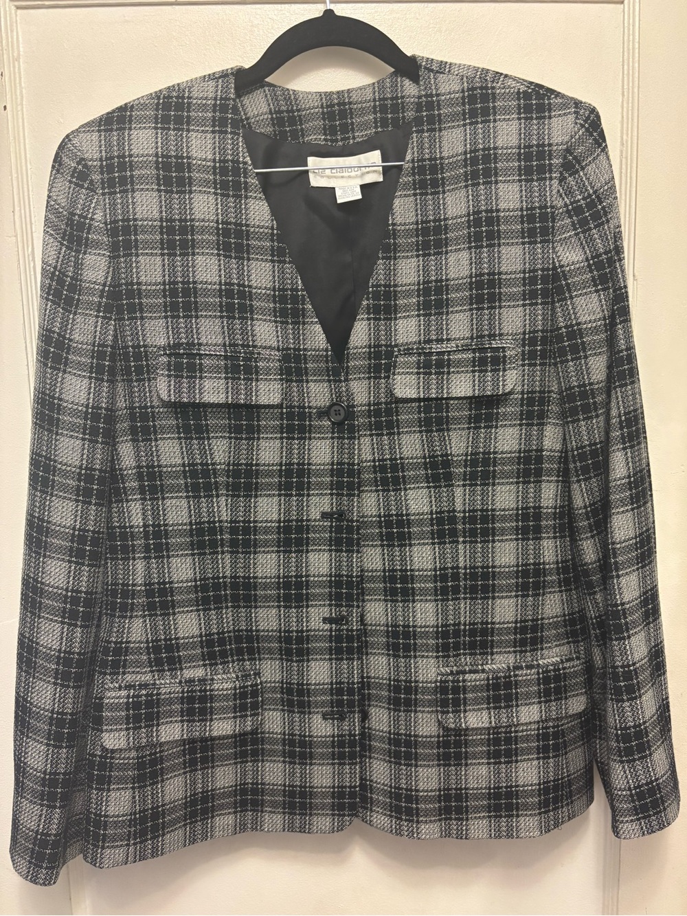 Liz Claiborne Black and White Plaid Wool Blend Women’s Lined Blazer Size 14
